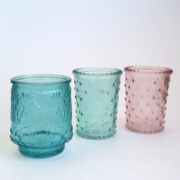 Vintage Shabby Chic Pink Sea Green and Aqua Blue Candle Glass Votives Set of 3 - Picture 7 of 11